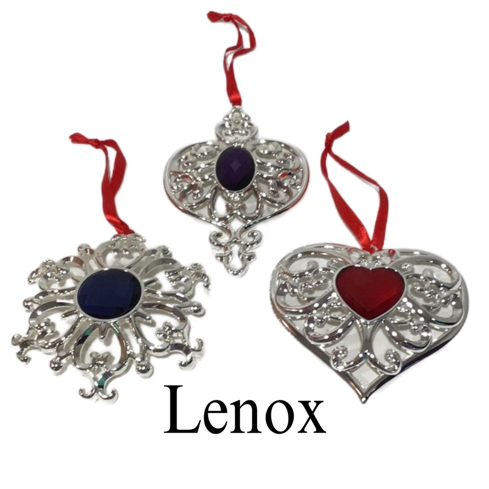 Bundle of 3 Lenox Bejeweled Tree Ornaments, Red/Purple/Blue Set in Silverplate